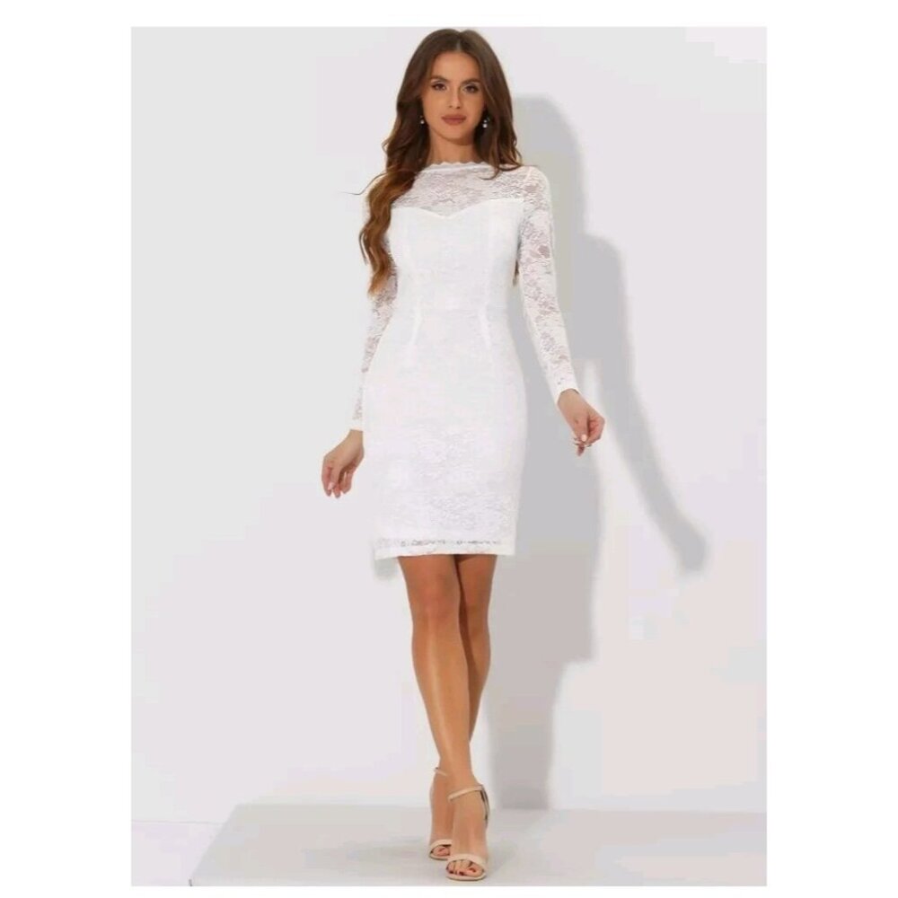 Allegra K Women M White Elegant Floral Lace Dress Business Cocktail Wedding NWT - Picture 4 of 8